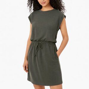 Lou & Grey Sandwashed Drawstring Tie Waist Pocket Dress | Dark Olive | XS